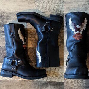 Harley Davidson Darren Riding Boots Black Leather Embroidered Eagle
